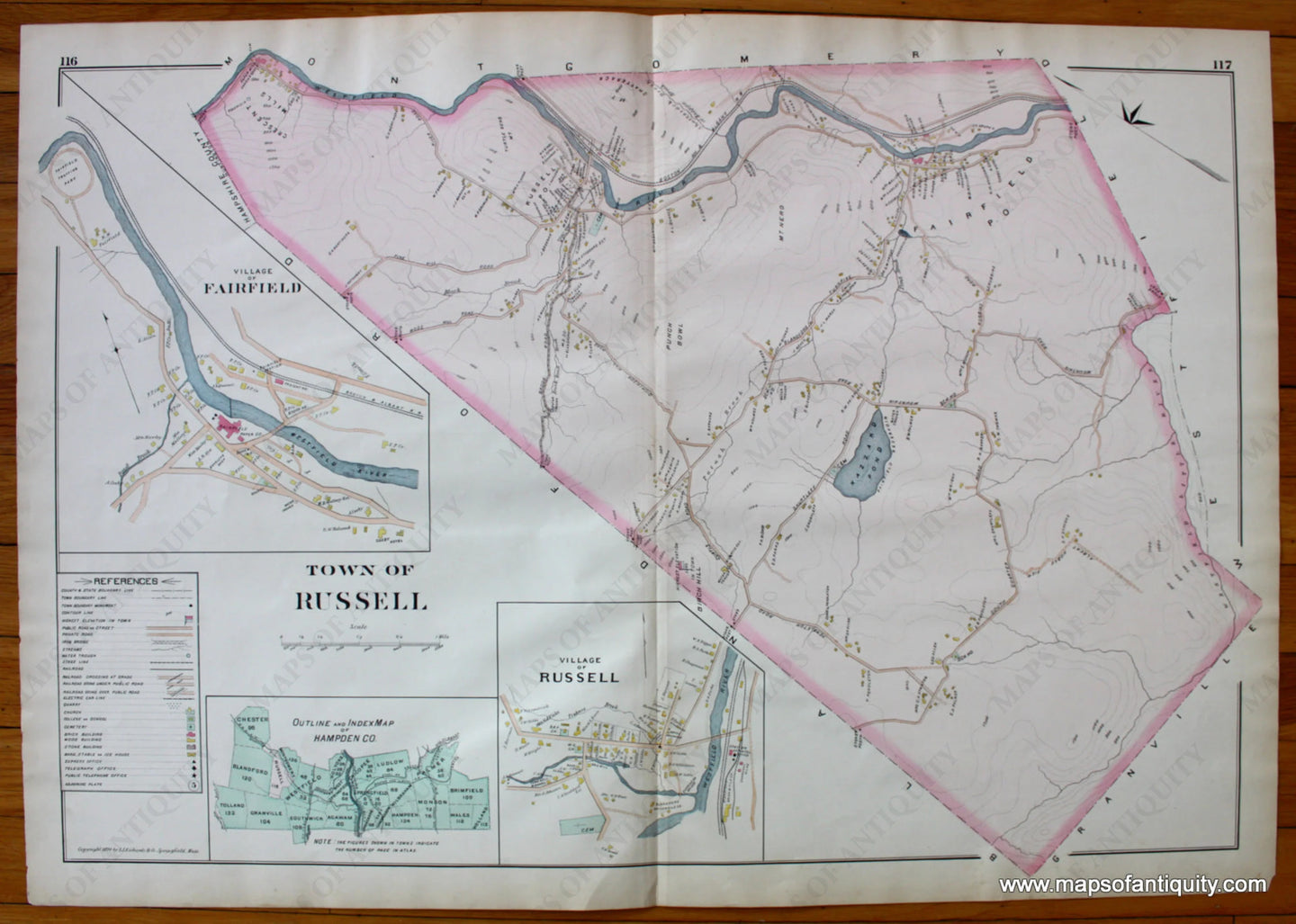 Antique-Map-Town-of-Russell-Village-of-Russell-Village-of-Fairfield-Towns-Cities-New-Topographical-Atlas-of-the-County-of-Hampden-Massachusetts-MA-Mass-Richards-1894-1890s-1800s-Late-19th-Century-Maps-of-Antiquity