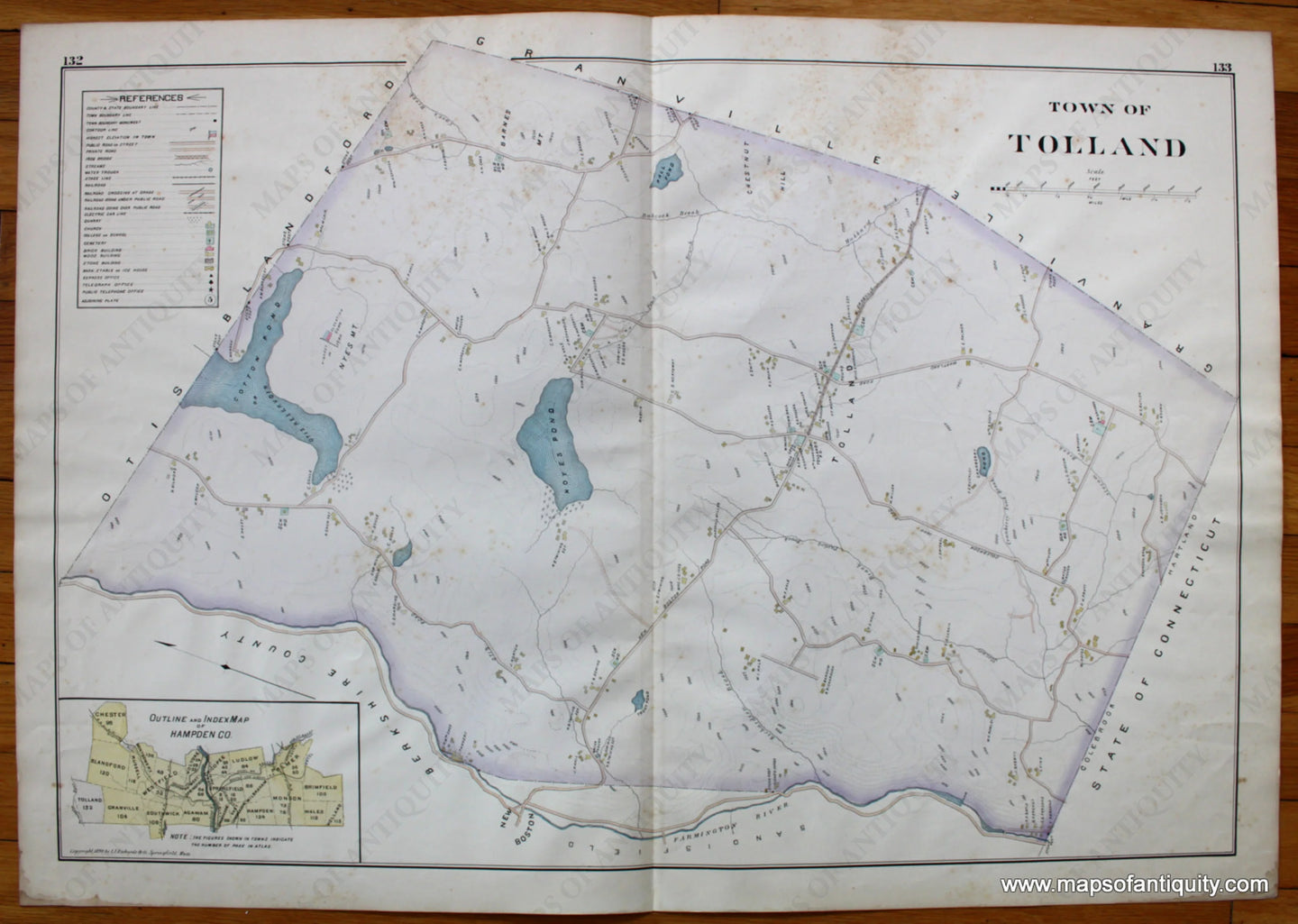 Antique-Map-Town-of-Tolland-Towns-Cities-New-Topographical-Atlas-of-the-County-of-Hampden-Massachusetts-MA-Mass-Richards-1894-1890s-1800s-Late-19th-Century-Maps-of-Antiquity