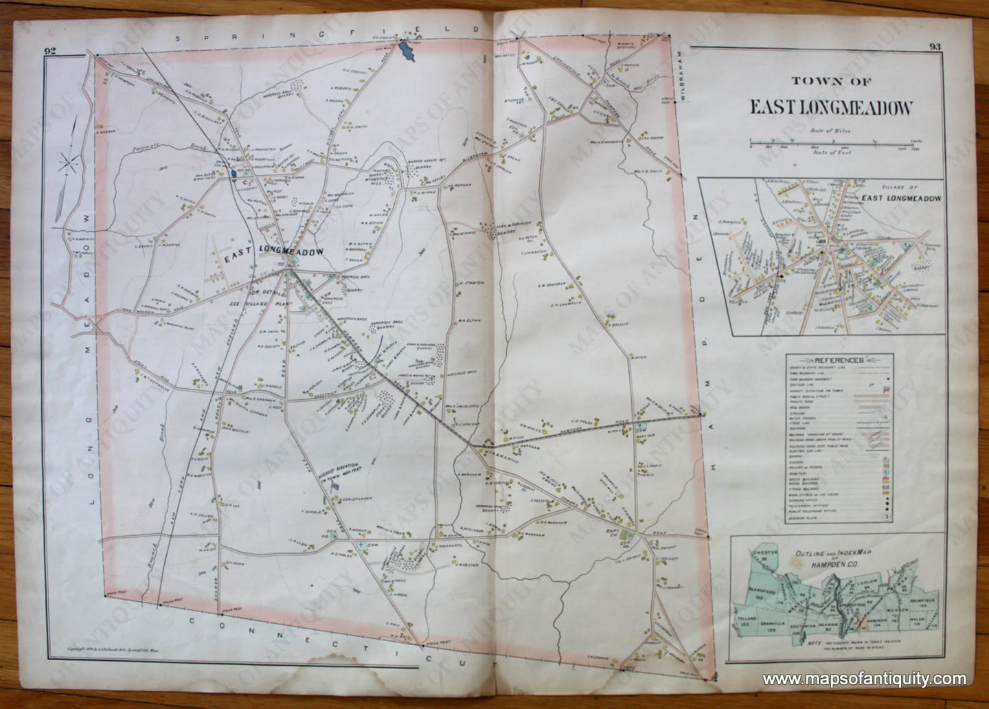 Antique-Map-Town-of-East-Longmeadow-Towns-Cities-New-Topographical-Atlas-of-the-County-of-Hampden-Massachusetts-MA-Mass-Richards-1894-1890s-1800s-Late-19th-Century-Maps-of-Antiquity