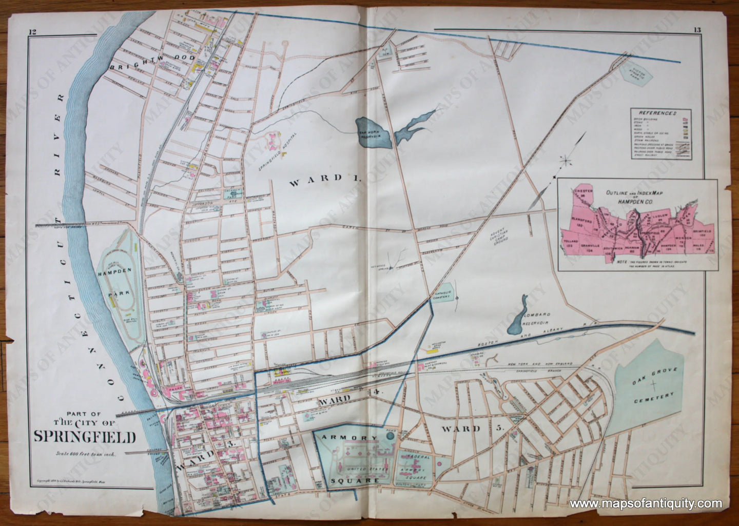 Antique-Map-Part-of-the-City-of-Springfield-Wards-1-3-4-5-Ward-Towns-Cities-New-Topographical-Atlas-of-the-County-of-Hampden-Massachusetts-MA-Mass-Richards-1894-1890s-1800s-Late-19th-Century-Maps-of-Antiquity