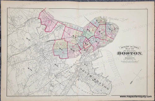 Antique map of Boston Proper from 1874 with original hand-coloring in tones of pink, yellow, green, blue.
Antique-Map-Suffolk-County-Boston-City-Mass-MA-Massachusetts-1874-Hopkins-Ward-Wards-Maps-of-Antiquity