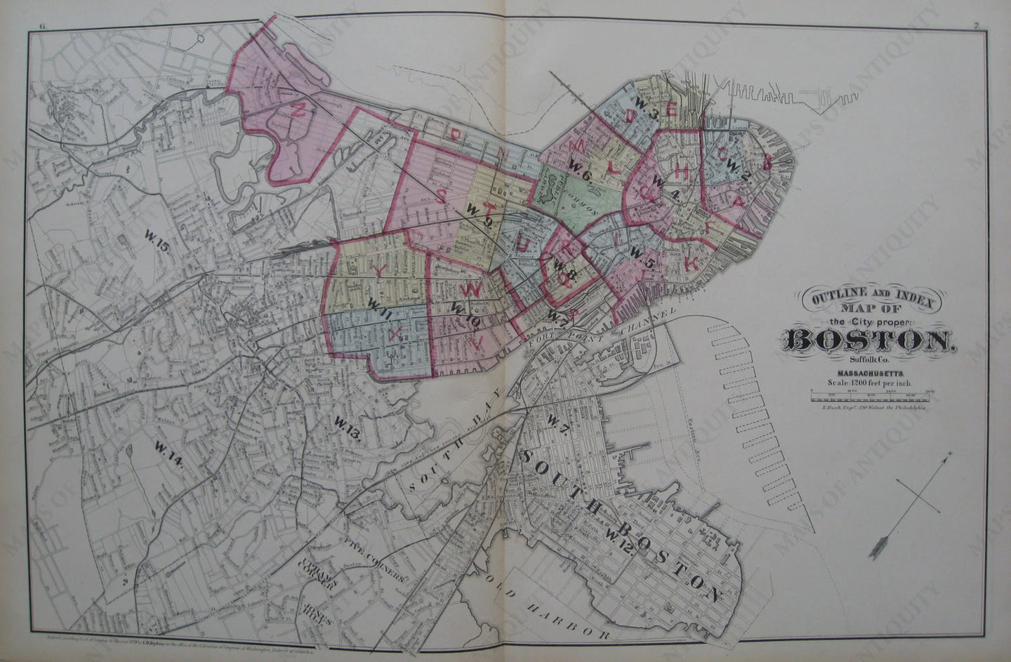 Antique-Map-Suffolk-County-Boston-City-Mass-MA-Massachusetts-1874-Hopkins-Ward-Wards-Maps-of-Antiquity