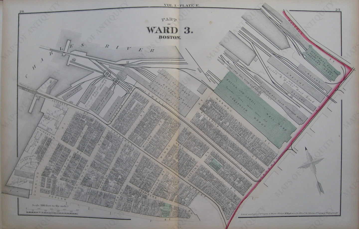 Antique-Map-Suffolk-County-Boston-City-Mass-MA-Massachusetts-1874-Hopkins-Ward-Wards-Maps-of-Antiquity