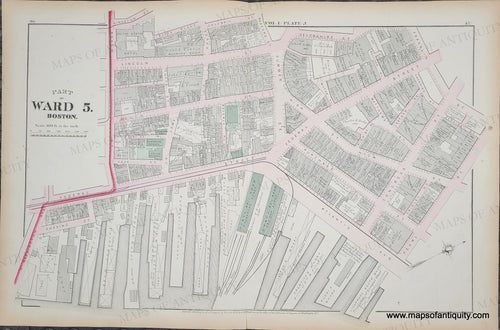 Antique map of Ward 5, Boston with street layout and railroad lines. Green for parks and public spaces, red boundary line. Antique-Map-Suffolk-County-Boston-City-Mass-MA-Massachusetts-1874-Hopkins-Ward-Wards-Maps-of-Antiquity