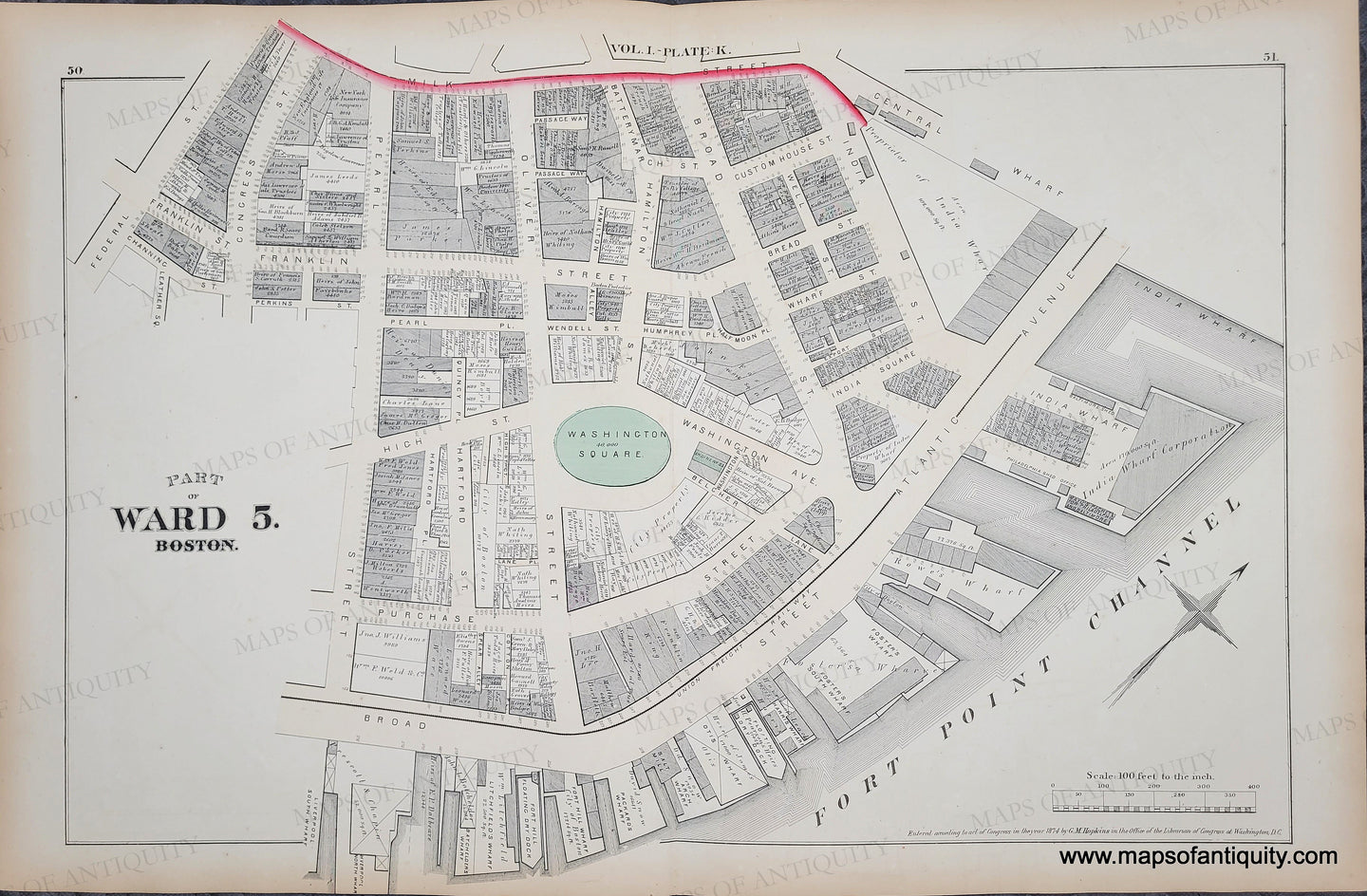 Antique map of a ward in Boston with labeled streets and Washington Square in green. Antique-Map-Suffolk-County-Boston-City-Mass-MA-Massachusetts-1874-Hopkins-Ward-Wards-Maps-of-Antiquity
