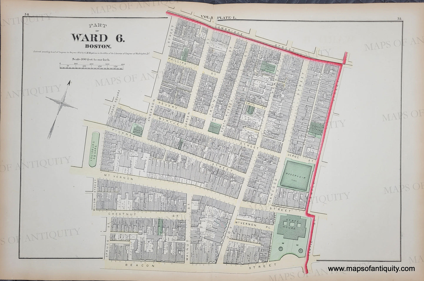 Antique map of Ward 6, Boston with street layout green parks and public spaces and red boundary line. Antique-Map-Suffolk-County-Boston-City-Mass-MA-Massachusetts-1874-Hopkins-Ward-Wards-Maps-of-Antiquity