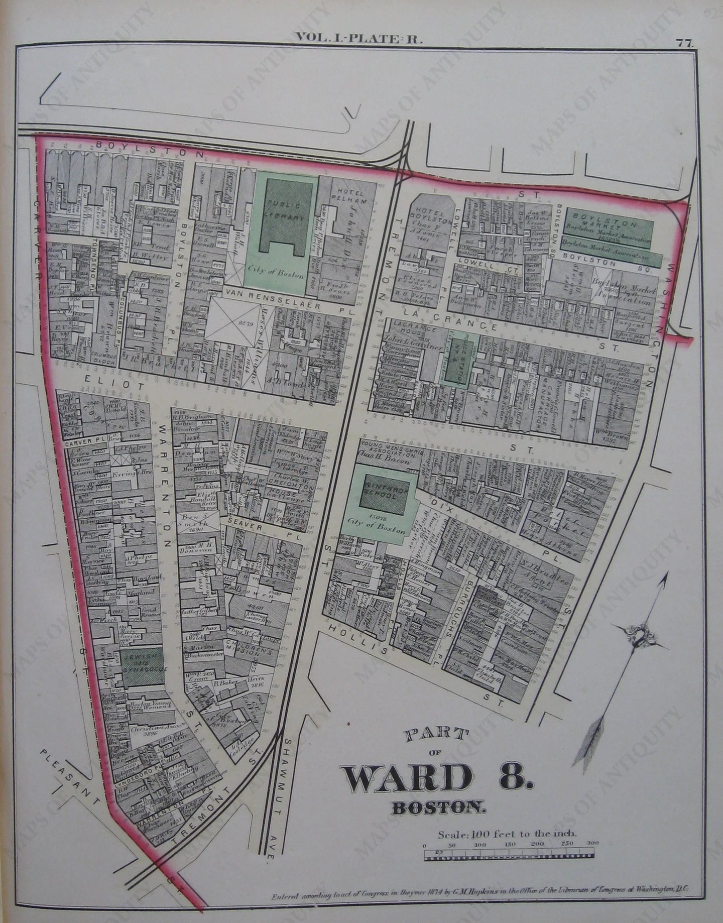 Antique-Map-Suffolk-County-Boston-City-Mass-MA-Massachusetts-1874-Hopkins-Ward-Wards-Maps-of-Antiquity