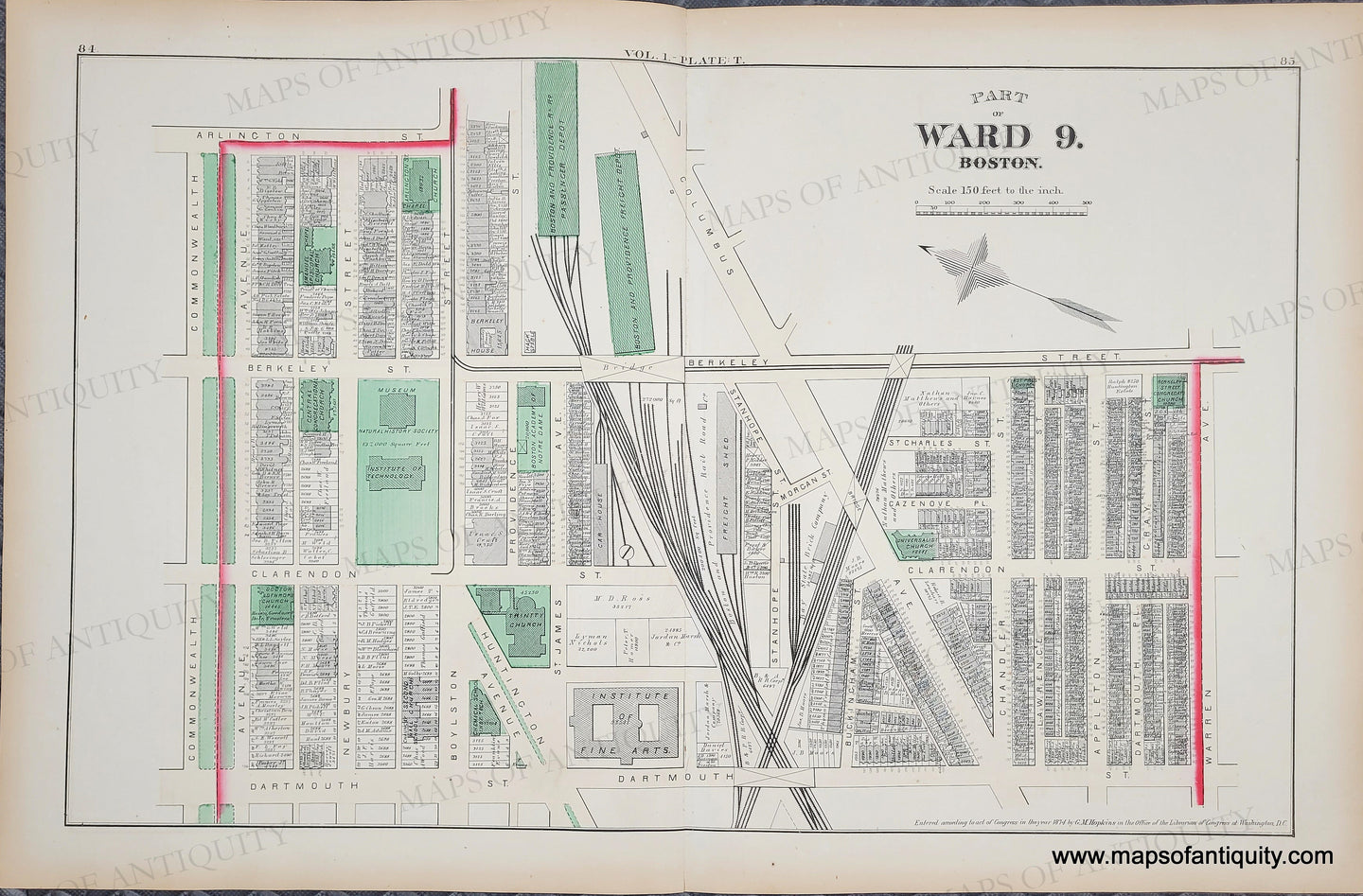 Antique map of Ward 9, Boston with street layout and railroad lines. Green parks and public spaces. Antique-Map-Suffolk-County-Boston-City-Mass-MA-Massachusetts-1874-Hopkins-Ward-Wards-Maps-of-Antiquity