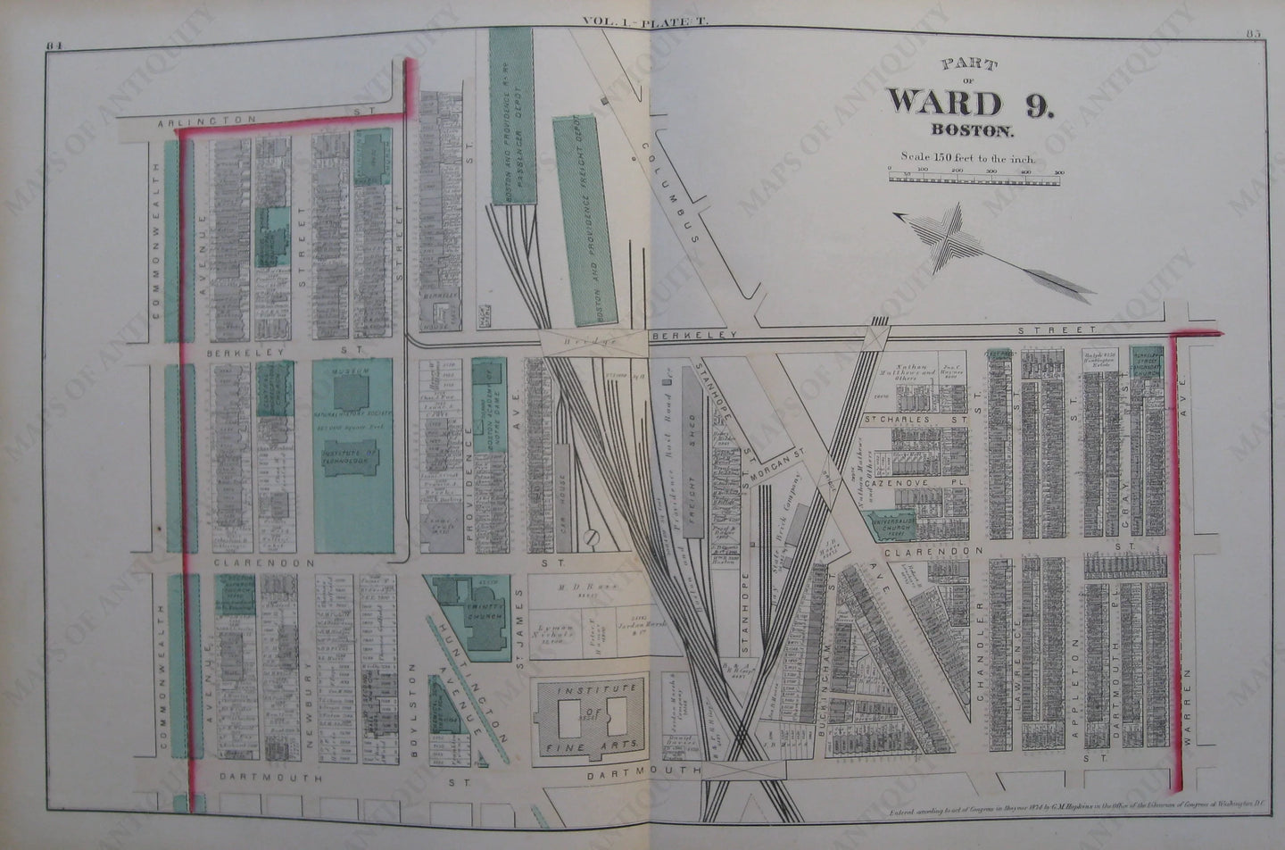 Antique-Map-Suffolk-County-Boston-City-Mass-MA-Massachusetts-1874-Hopkins-Ward-Wards-Maps-of-Antiquity