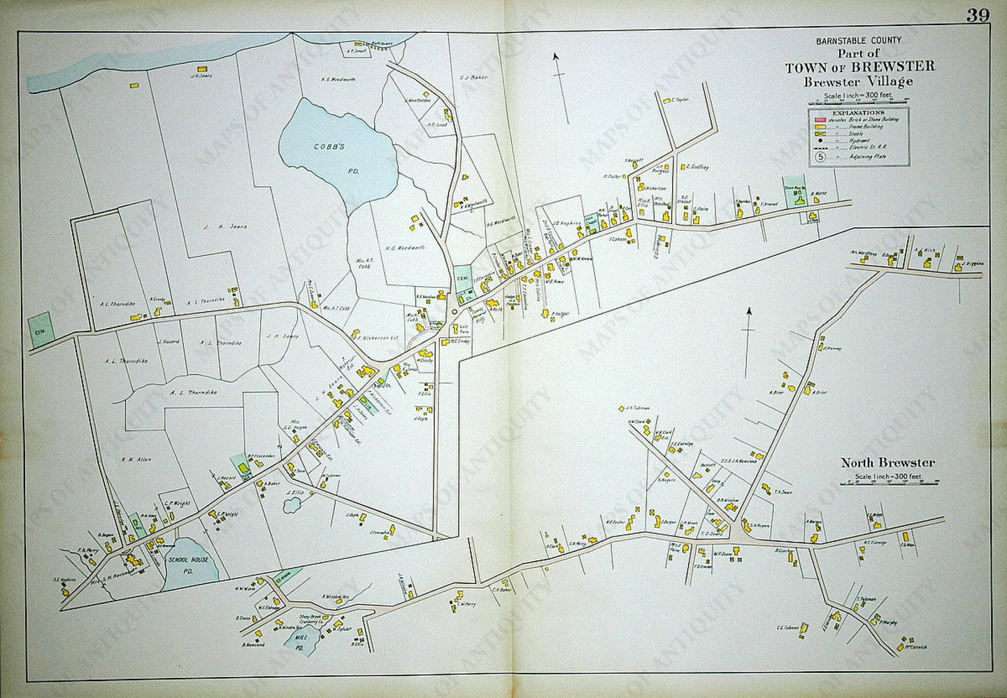 Antique-Hand-Colored-Map-Part-of-Town-of-Brewster-Brewster-Village-North-Brewster-Page-39-Massachusetts-Cape-Cod-and-Islands-1906-Walker-Maps-Of-Antiquity