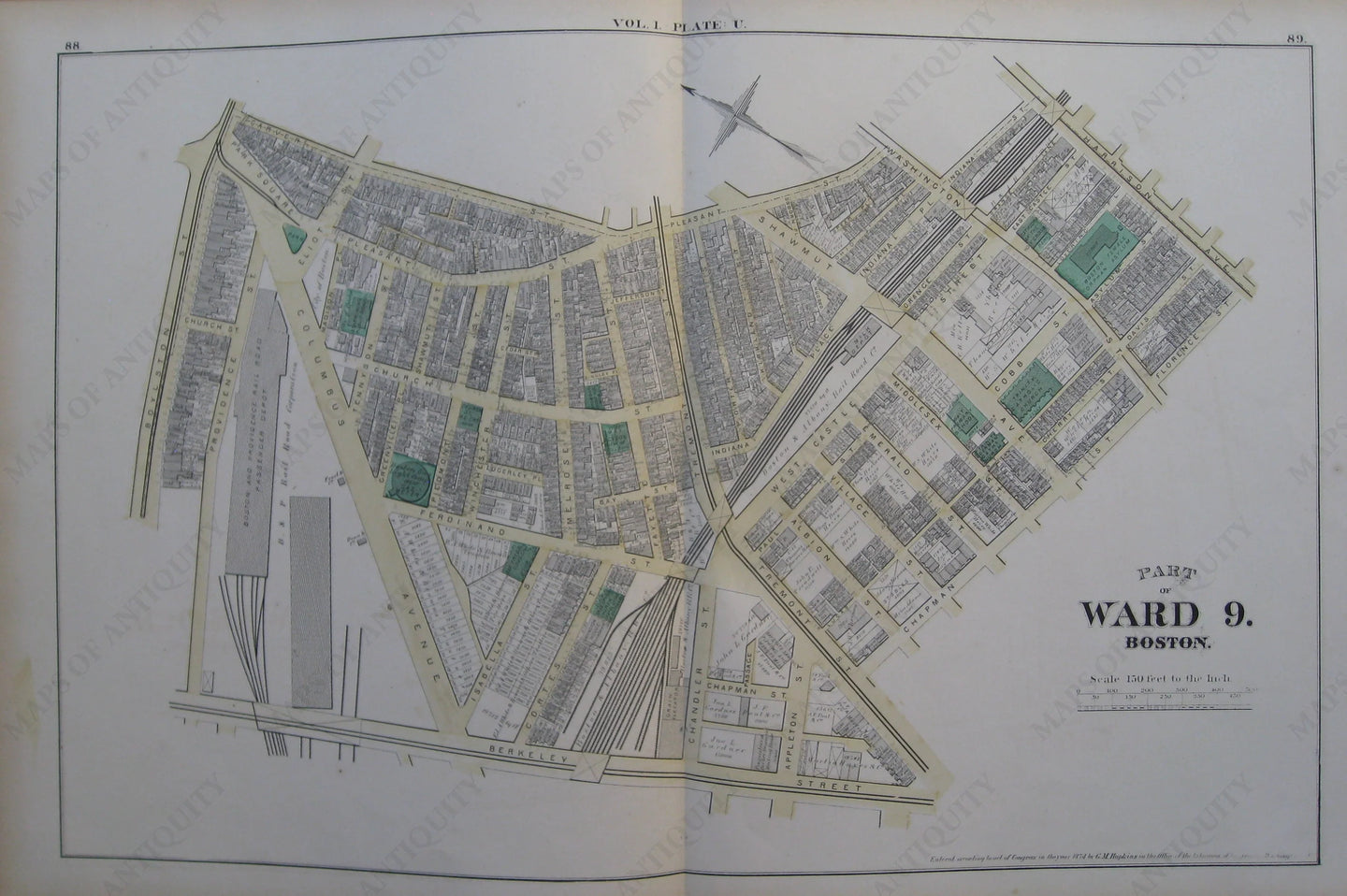 Antique-Map-Suffolk-County-Boston-City-Mass-MA-Massachusetts-1874-Hopkins-Ward-Wards-Maps-of-Antiquity