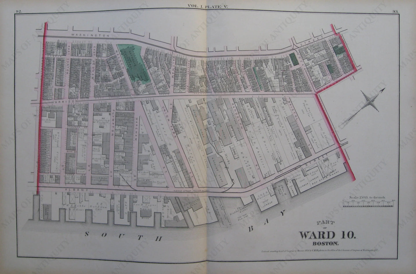 Antique-Map-Suffolk-County-Boston-City-Mass-MA-Massachusetts-1874-Hopkins-Ward-Wards-Maps-of-Antiquity