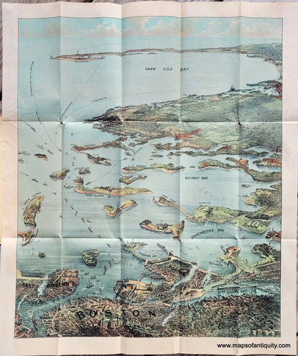 Antique-Map-Boston-Harbor-Bird's-Eye-View-Map-Walker-1905-Chromolithograph-color-Massachusetts-Maps-of-Antiquity