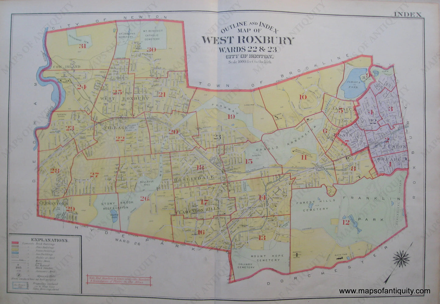 Antique-Map-Suffolk-county-Massachusetts-Outline-and-Index-Map-of-West-Roxbury-Wards-22-&-23-City-of-Boston-1914-Bromley-1900s-Maps-of-Antiquity