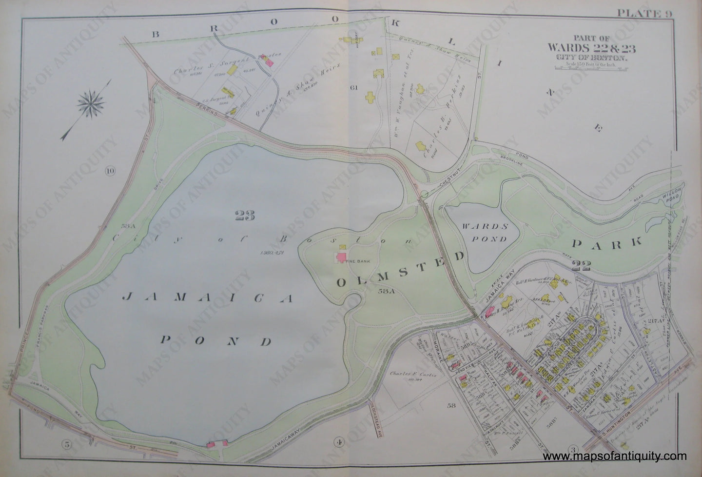 Antique-Map-Suffolk-county-Massachusetts-Part-of-Wards-22-&-23-City-of-Boston-West-Roxbury-Plate-9-1914-Bromley-1900s-Maps-of-Antiquity