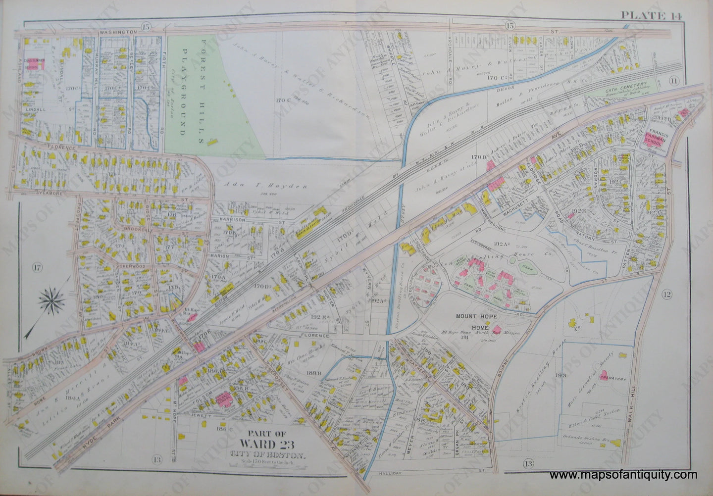 Antique-Map-Suffolk-county-Massachusetts-Part-of-Ward-23-City-of-Boston-West-Roxbury-Plate-14-1914-Bromley-1900s-Maps-of-Antiquity