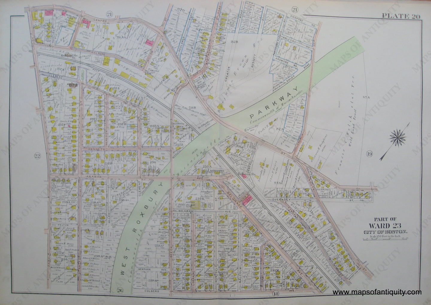 Antique-Map-Suffolk-county-Massachusetts-Part-of-Ward-23-City-of-Boston-West-Roxbury-Plate-20-1914-Bromley-1900s-Maps-of-Antiquity