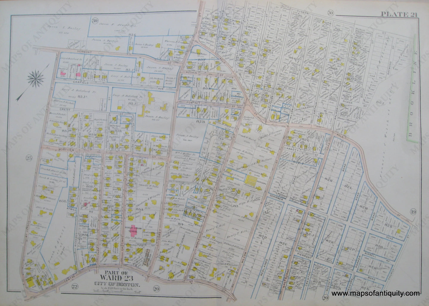 Antique-Map-Suffolk-county-Massachusetts-Part-of-Ward-23-City-of-Boston-West-Roxbury-Plate-21-1914-Bromley-1900s-Maps-of-Antiquity