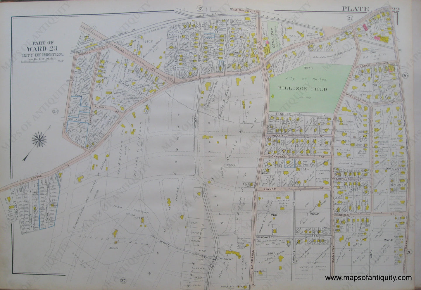 Antique-Map-Suffolk-county-Massachusetts-Part-of-Ward-23-City-of-Boston-West-Roxbury-Plate-22-1914-Bromley-1900s-Maps-of-Antiquity