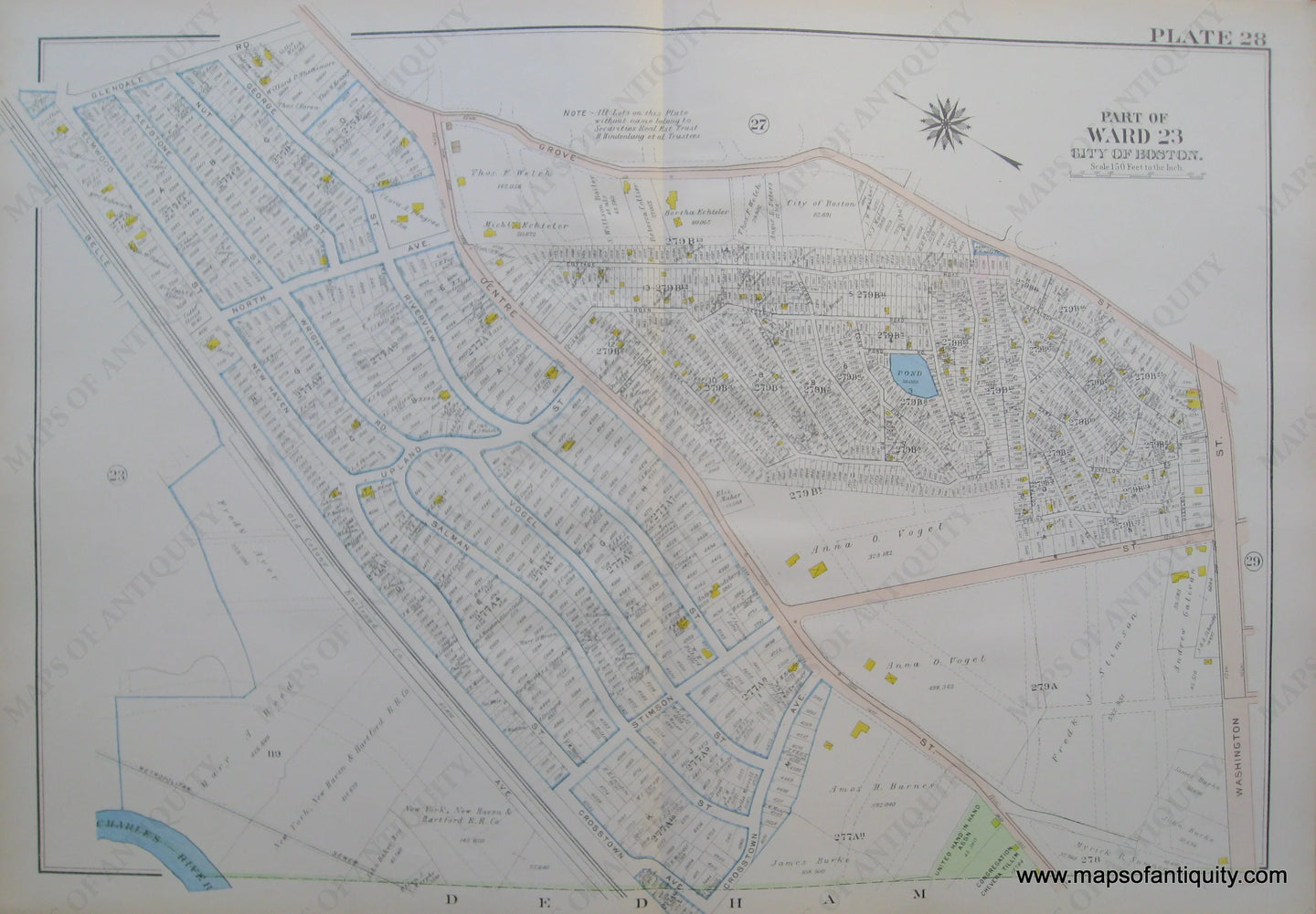 Antique-Map-Suffolk-county-Massachusetts-Part-of-Ward-23-City-of-Boston-West-Roxbury-Plate-28-1914-Bromley-1900s-Maps-of-Antiquity