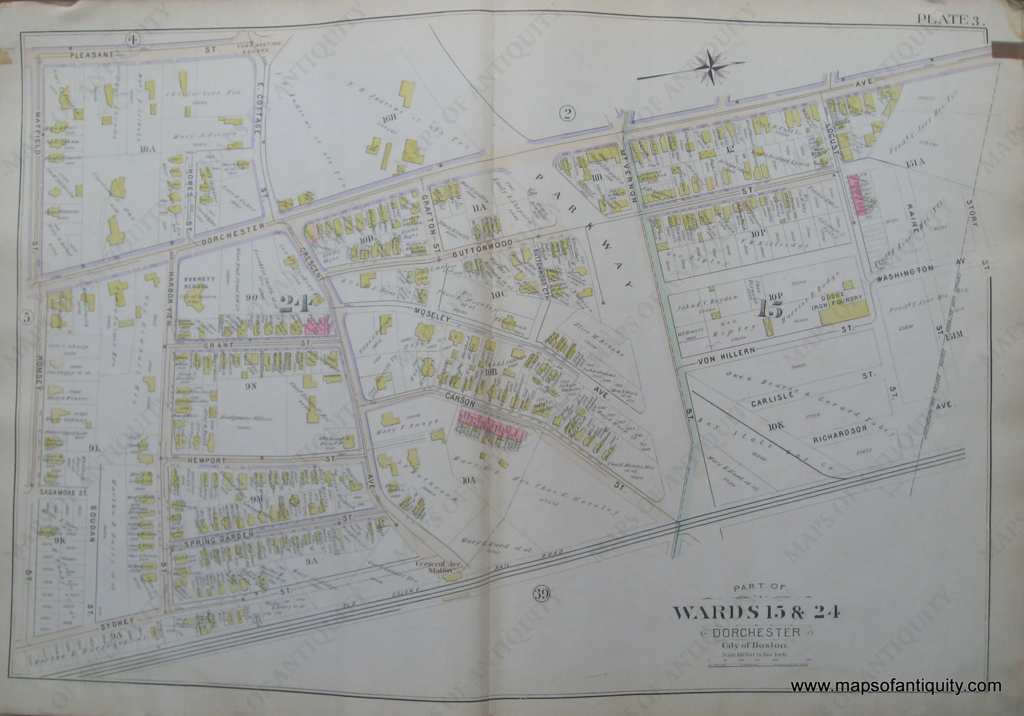 Antique-Map-Plate-3-Part-of-Wards-15-&-24-Dorchester-City-of-Boston-Bromley-1894-Maps-Of-Antiquity