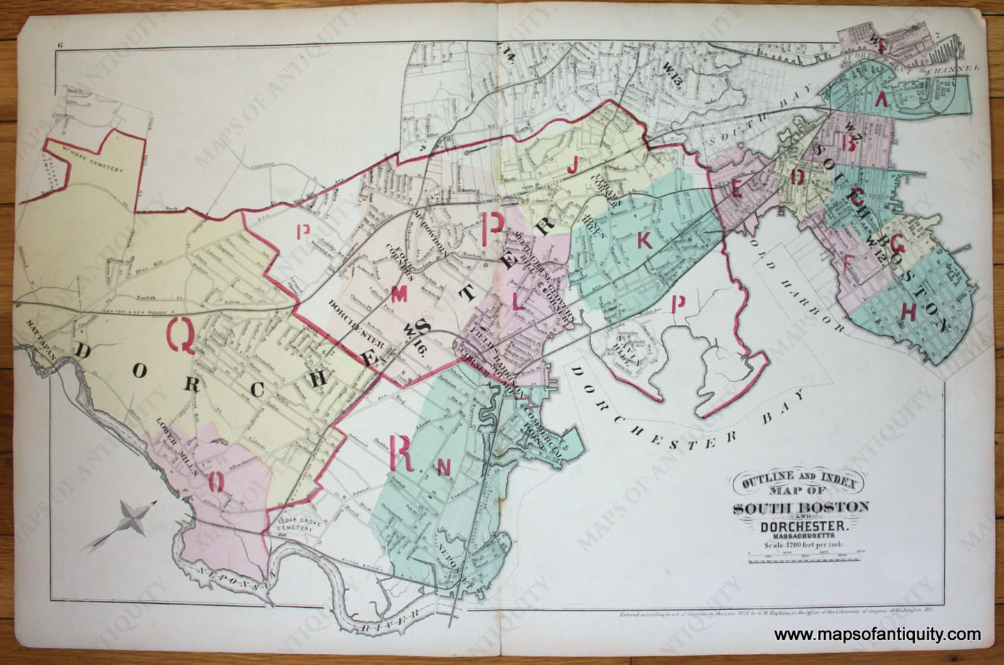 Antique-Map-Outline-and-Index-Map-of-South-Boston-and-Dorchester-Massachusetts.-G.M.-Hopkins-&-Co.-1874-Maps-Of-Antiquity