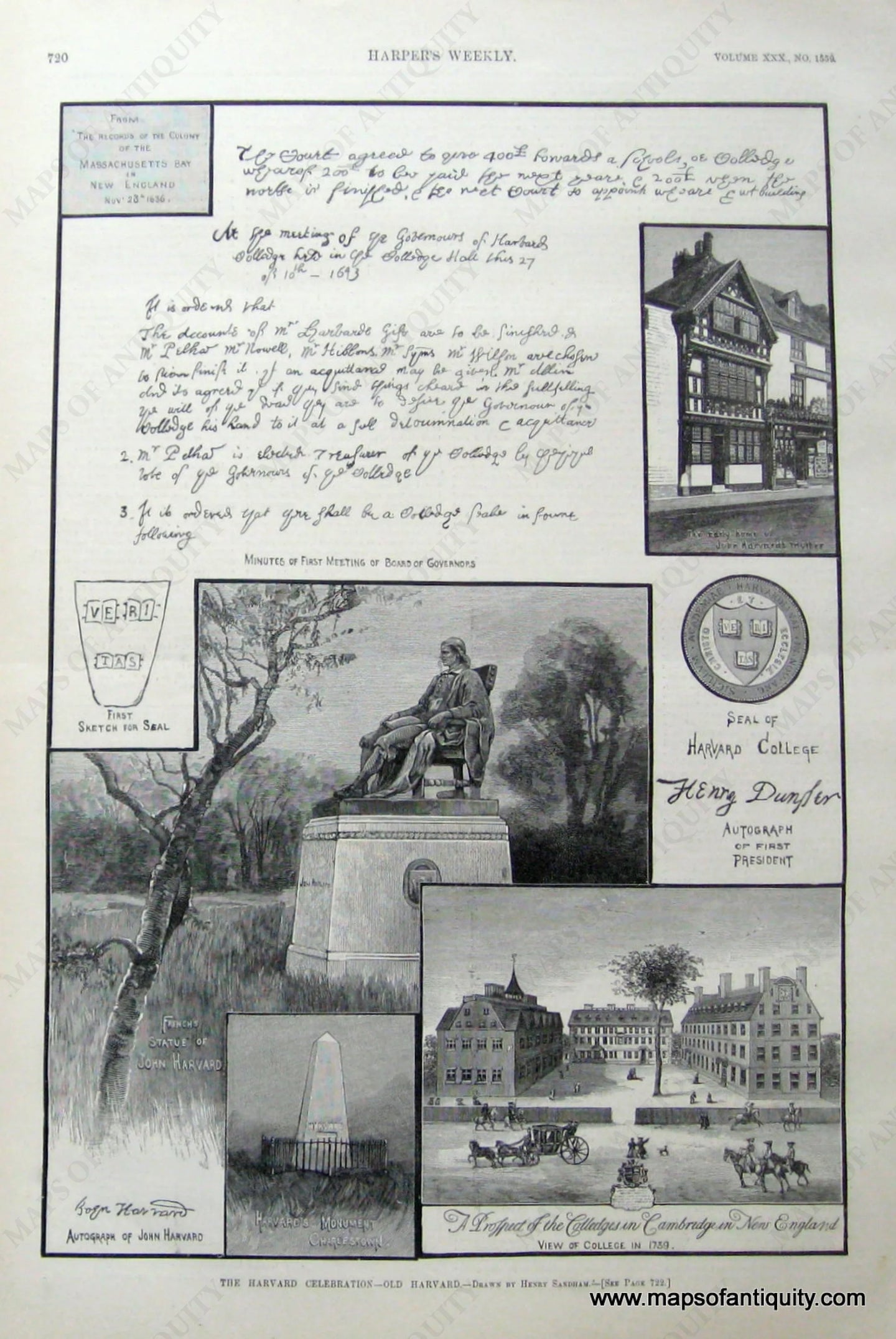 Black-and-White-Antique-Illustration-The-Harvard-Celebration---Old-Harvard.-Colleges-US-Massachusetts-1886-Harper's-Weekly-Maps-Of-Antiquity