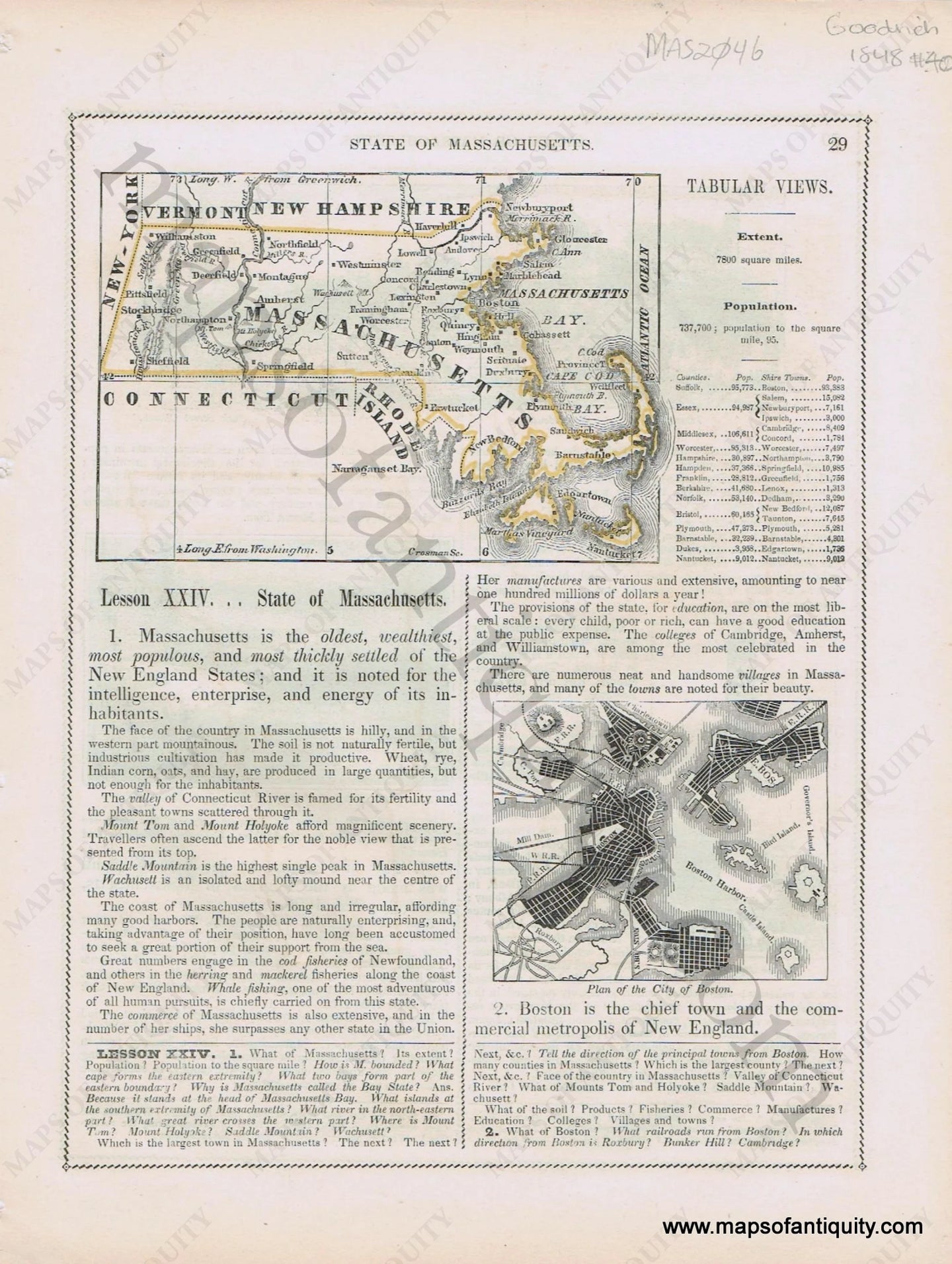 Antique-Printed-Color-Map-State-of-Massachusetts-Plan-of-the-City-of-Boston;-Verso-View-of-Boston-Common-Bunker-Hill-Monument-View-of-the-Valley-of-Connecticut-River-from-Mount-Holyoke-1848-Goodrich-Boston-1800s-19th-century-Maps-of-Antiquity