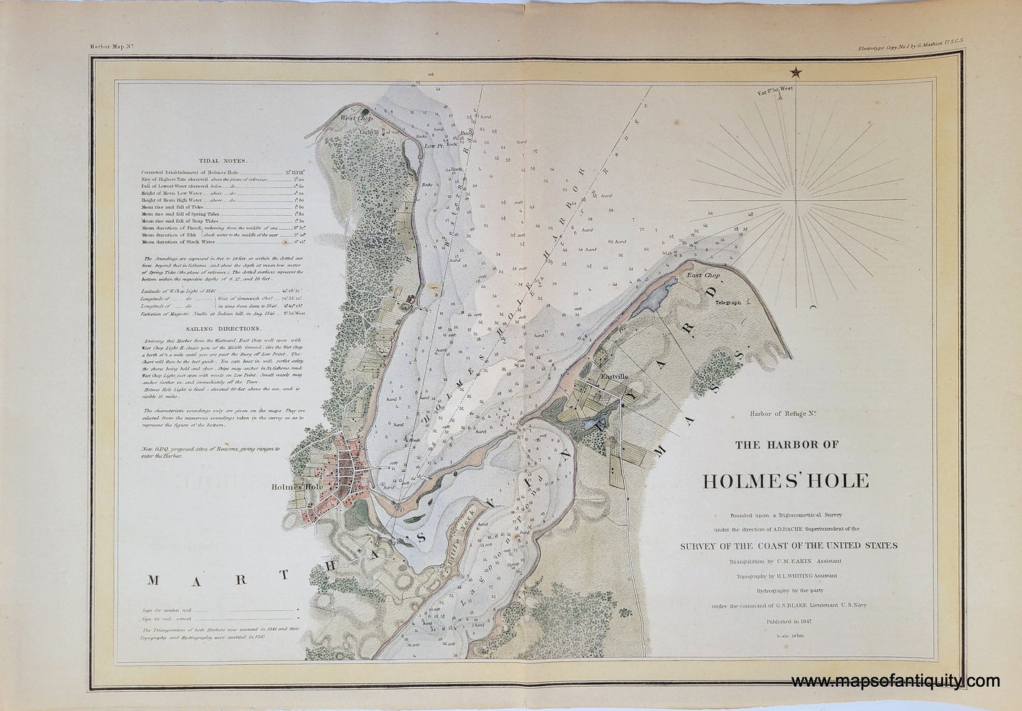 Hand-Colored-Antique-Nautical-chart-and-Map-The-Harbor-of-Holmes'-Hole**********-Massachusetts-Cape-Cod-and-Islands-1847-US-Coast-Survey-Maps-Of-Antiquity