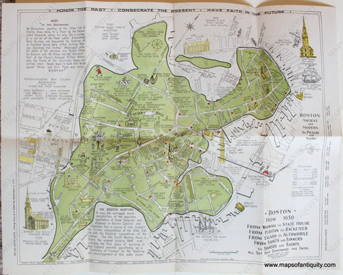 Antique-Printed-Color-Pictorial-Map-Boston-from-1630-Picture-Story-Historical-Rides-Paul-Revere-William-Dawes-Dr.-Prescott-Robert-Winn-1947-Guide-Glance-Historic-Boston-Massachusetts-Boston-1900s-20th-century-Maps-of-Antiquity