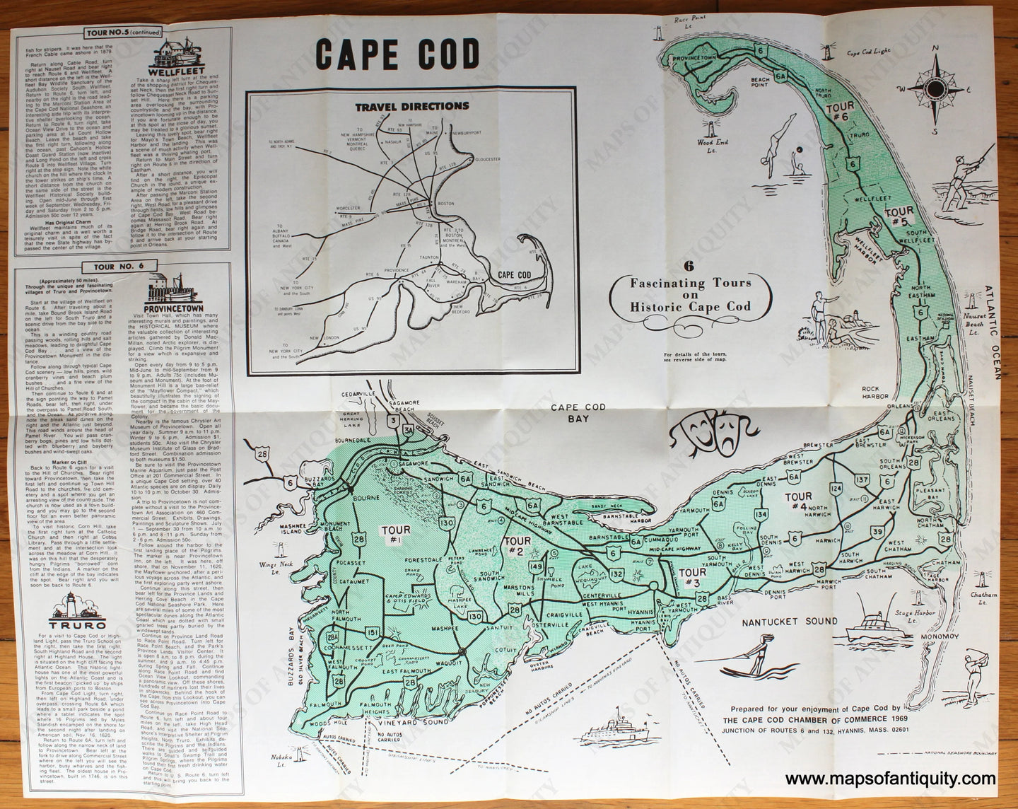 Antique-Printed-Color-Pictorial-Map-6-Fascinating-Tours-on-Cape-Cod-1969-Cape-Cod-Chamber-of-Commerce-Cape-Cod-1800s-19th-century-Maps-of-Antiquity