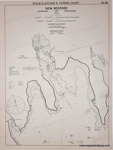 Antique harbor chart of New Bedford, Fairhaven, and Padanaram with navigational details. Black-and-White-Antique--Nautical-Chart-New-Bedford-Fairhaven-and-South-Dartmouth-Mass.--Massachusetts-Mass.-Other-1901-Eldridge-Maps-Of-Antiquity