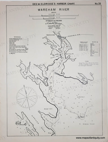 Antique harbor chart of Wareham River and part of Buzzards Bay with navigational details. Black-and-White-Antique--Nautical-Chart-Wareham-River-Mass.--Massachusetts-Mass.-Other-1901-Eldridge-Maps-Of-Antiquity