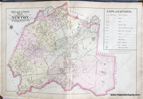 Antique-Printed-Color-Map-Outline-&-Index-Map-of-the-City-of-Newton-Massachusetts.-1895-Bromley-Massachusetts-1800s-19th-century-Maps-of-Antiquity