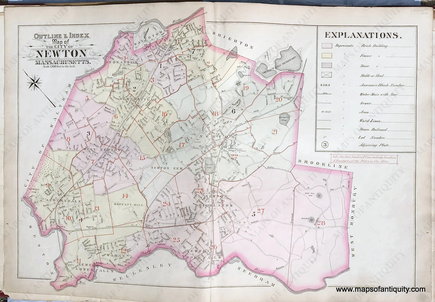 Antique-Printed-Color-Map-Outline-&-Index-Map-of-the-City-of-Newton-Massachusetts.-1895-Bromley-Massachusetts-1800s-19th-century-Maps-of-Antiquity