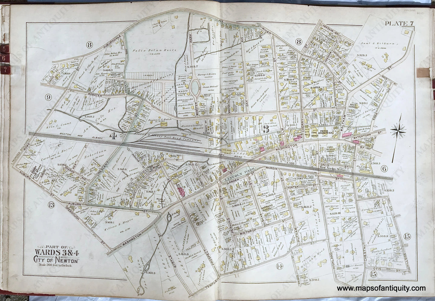 Antique-Printed-Color-Map-Part-of-Wards-3-&-4-City-of-Newton-Massachusetts-plate-7-1895-Bromley-Massachusetts-1800s-19th-century-Maps-of-Antiquity