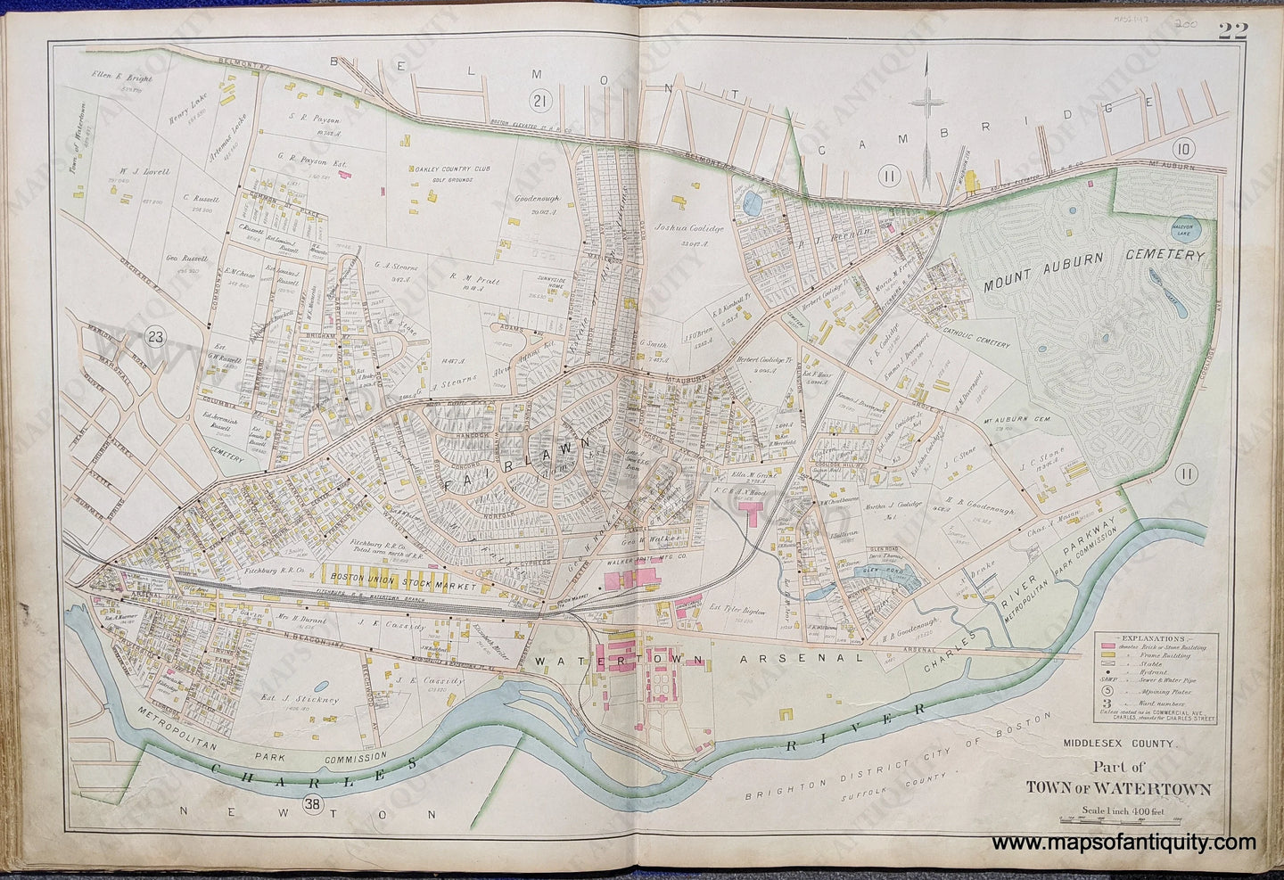 Antique-Map-Part-of-Town-of-Watertown-United-States-Massachusetts-1900-Stadley-Maps-Of-Antiquity-1900s-20th-century