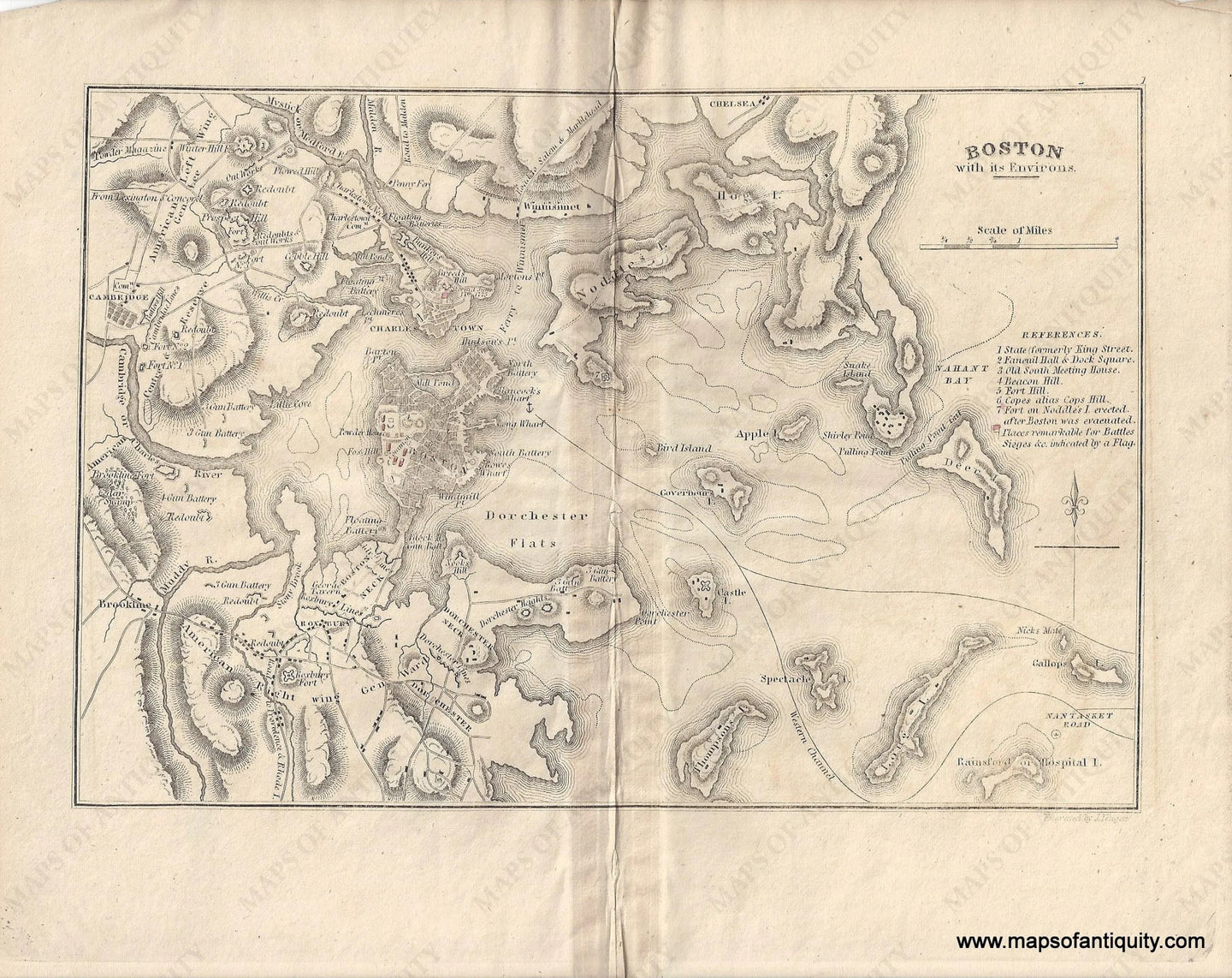 Antique-Hand-Colored-Map-Boston-with-its-Environs.-Revolutionary-War-Boston-Bunker-Hill-1832-Marshall-Maps-Of-Antiquity-1800s-19th-century