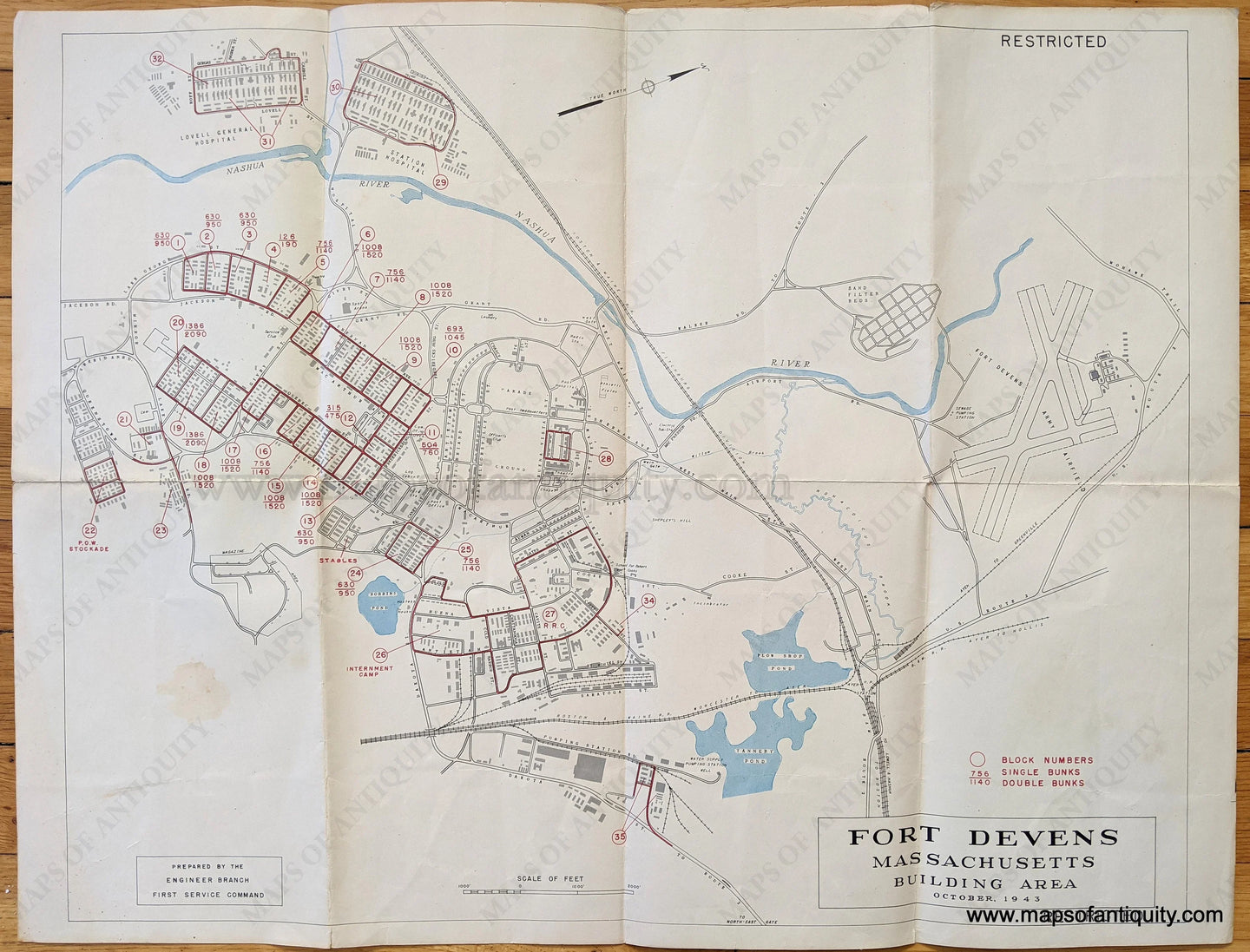 Genuine-Antique-Map-Fort-Devens-Massachusetts-Massachusetts--1943-Engineer-Branch-First-Service-Command-Maps-Of-Antiquity-1800s-19th-century