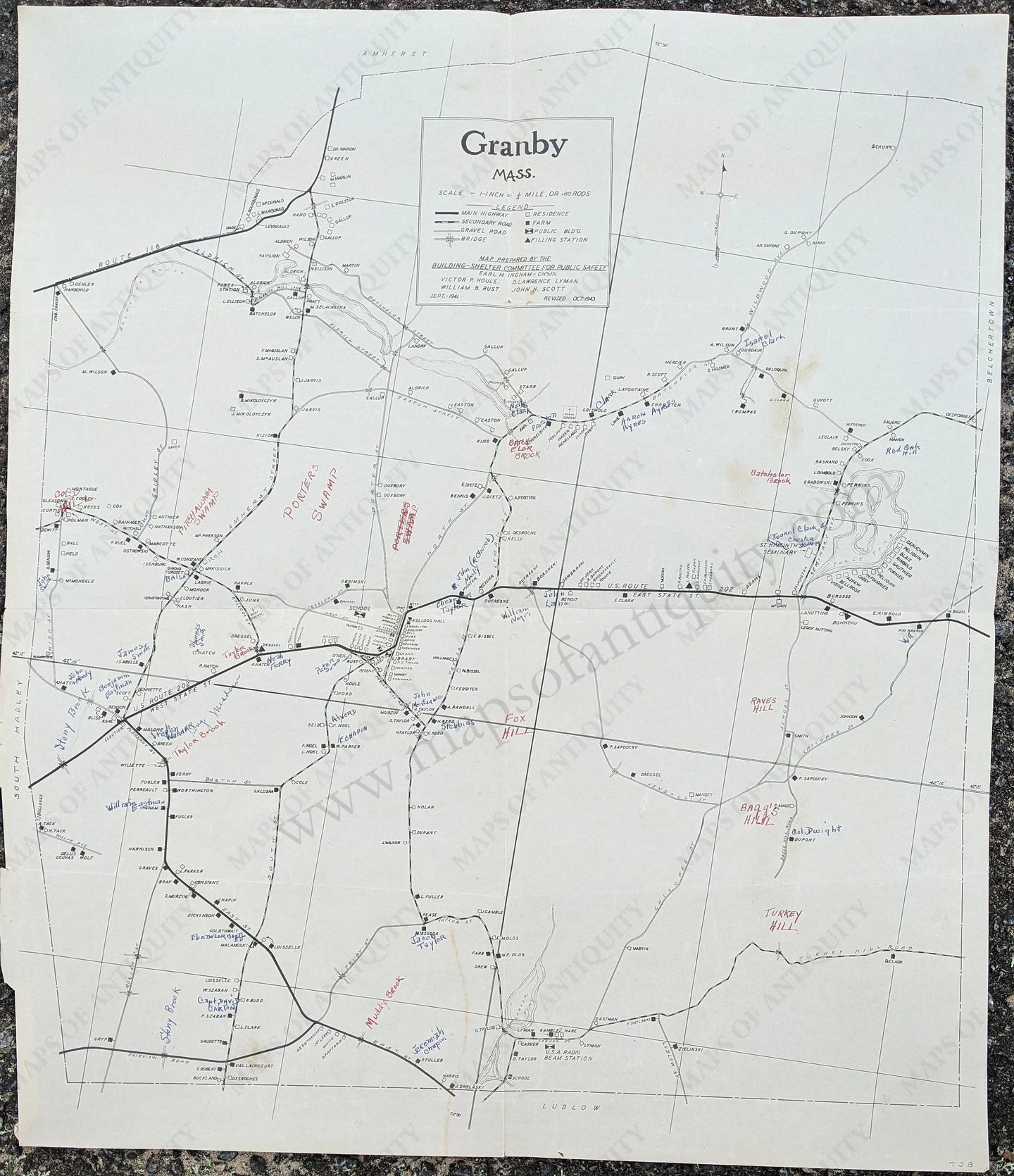 Genuine-Antique-Map-Granby-Mass.-Massachusetts--1943-Building-Shelter-Committee-for-Public-Safety-Maps-Of-Antiquity-1800s-19th-century