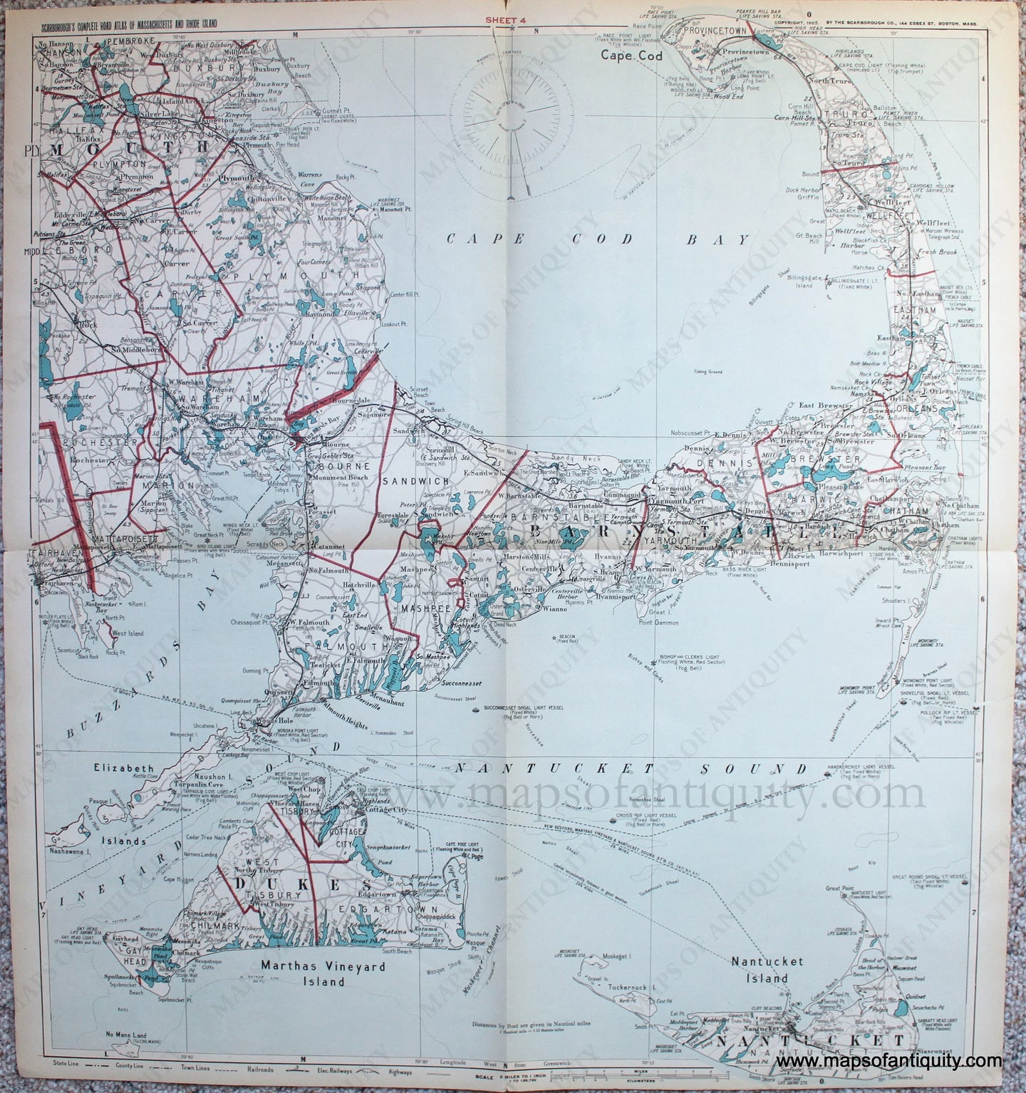 Genuine-Antique-Map-Untitled--Cape-Cod-Nantucket-and-Martha's-Vineyard-Antique-Maps---Cape-Cod-&-Islands--1905-Scarborough-Company-Maps-Of-Antiquity-1800s-19th-century