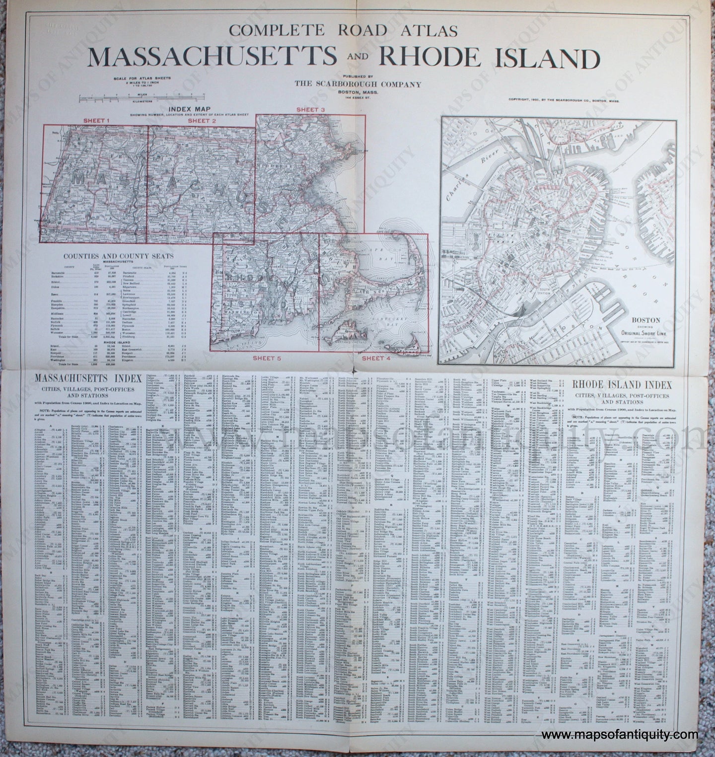 Genuine-Antique-Map-Untitled--Index-to-the-Complete-Road-Atlas-Massachusetts-and-Rhode-Island-Antique-Maps---Massachusetts--1905-Scarborough-Company-Maps-Of-Antiquity-1800s-19th-century