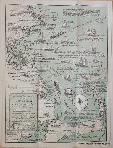 Genuine-Antique-Printed-Color-Pictorial-Map-An-Historical-and-Pictorial-Map-of-Boston-Harbor-and-Massachusetts-Bay-including-Cape-Cod-and-Cape-Ann-1941-Edward-Rowe-Snow-Maps-Of-Antiquity