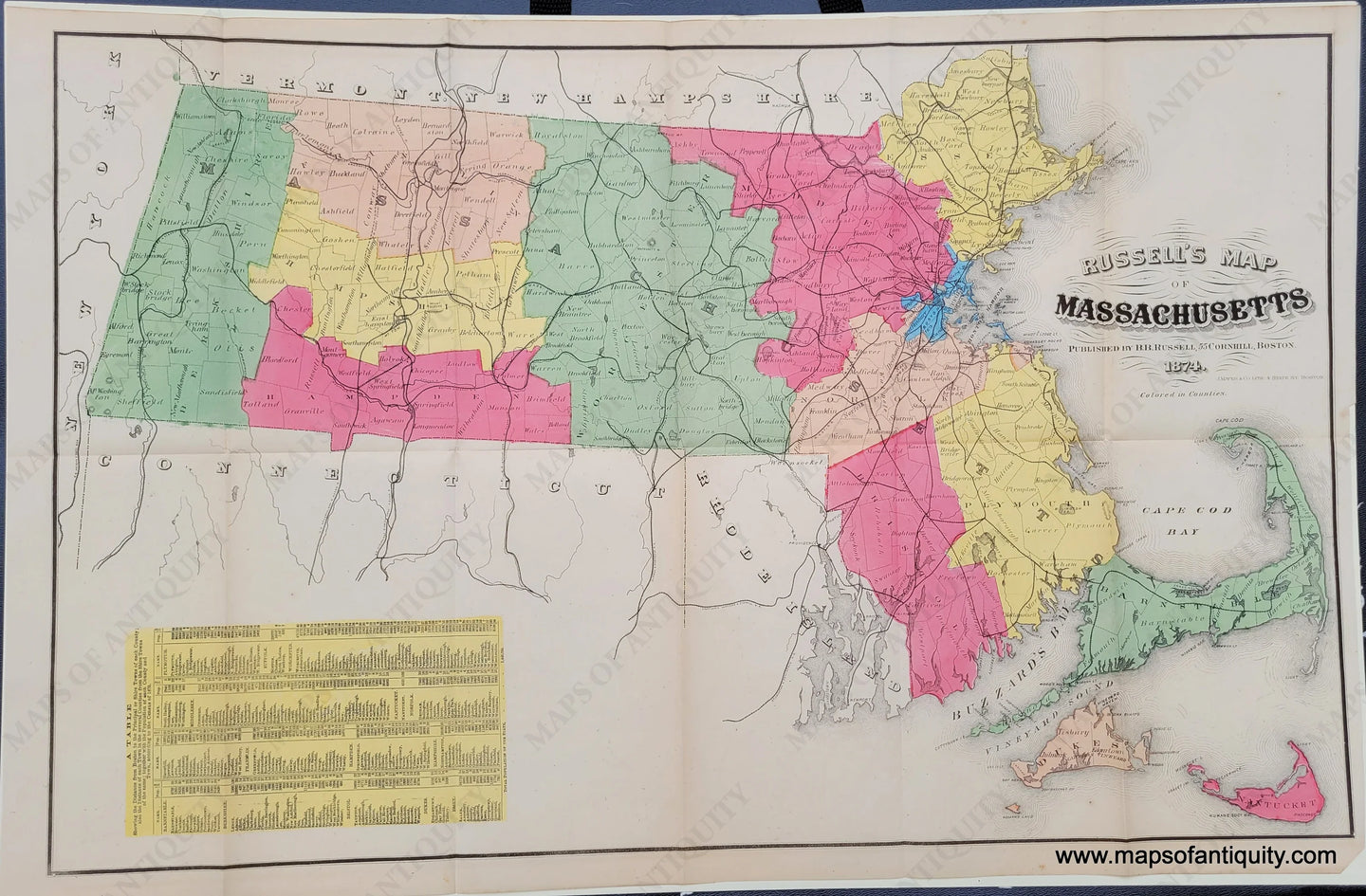 Antique-Hand-Colored-Map-Russell's-Map-of-Massachusetts-Massachusetts-General--1874-B.B.-Russell-Maps-Of-Antiquity