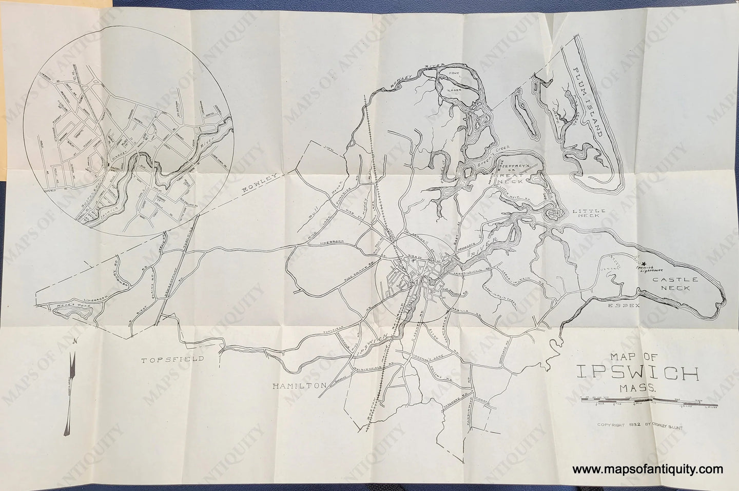 Genuine-Antique-Map-Map-of-Ipswich-Mass--1932-Crowley---Lunt-Maps-Of-Antiquity