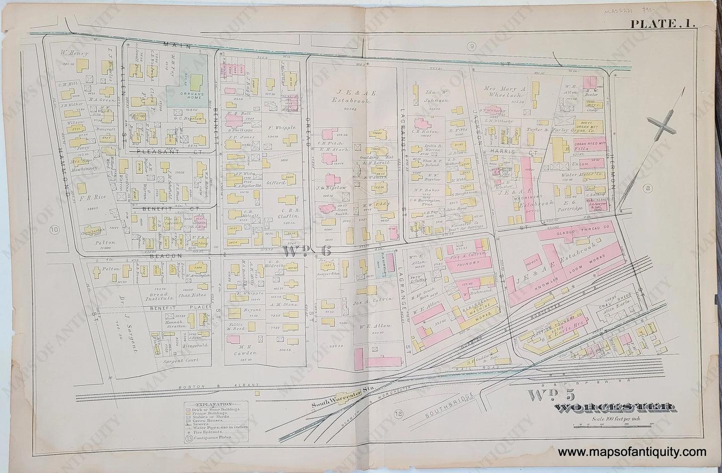 Genuine-Antique-Map-City-of-Worcester-Plate-1--1886-Hopkins-Maps-Of-Antiquity