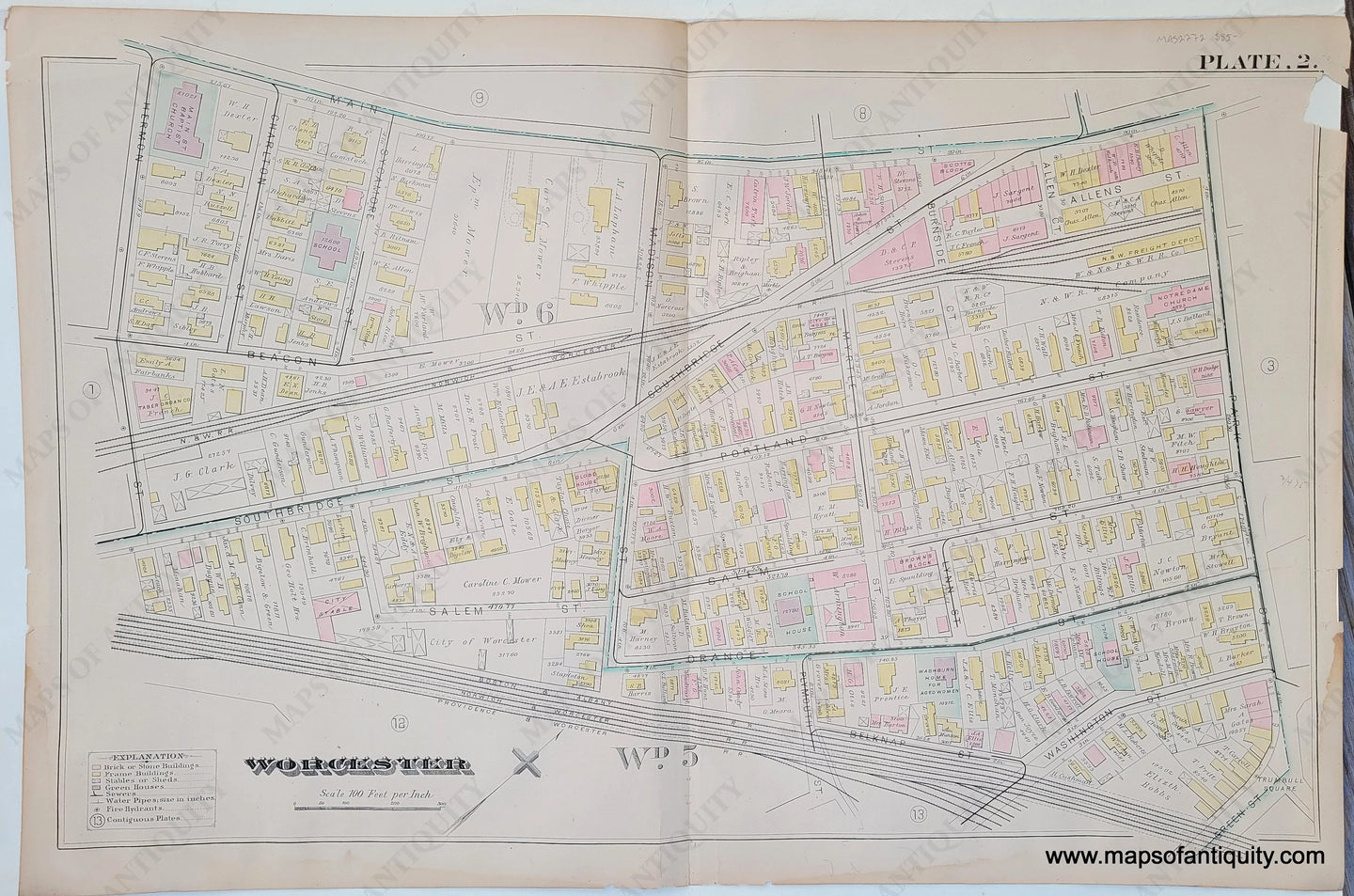 Genuine-Antique-Map-City-of-Worcester-Plate-2--1886-Hopkins-Maps-Of-Antiquity