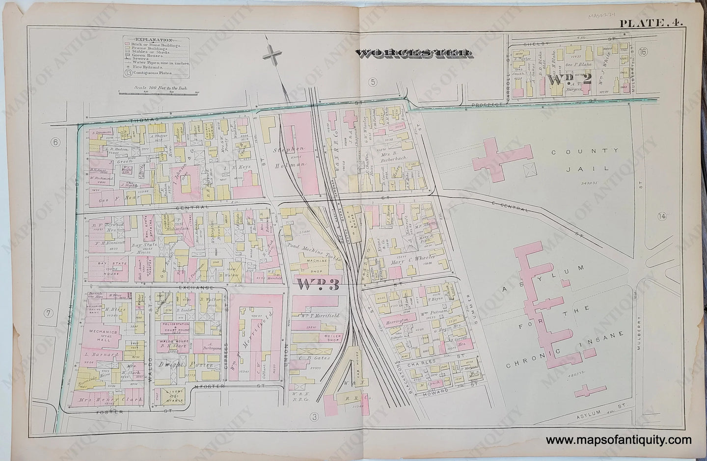 Genuine-Antique-Map-City-of-Worcester-Plate-4--1886-Hopkins-Maps-Of-Antiquity