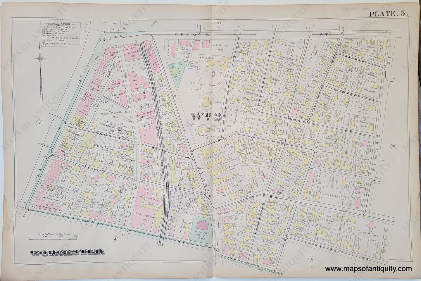 Genuine-Antique-Map-City-of-Worcester-Plate-5--1886-Hopkins-Maps-Of-Antiquity