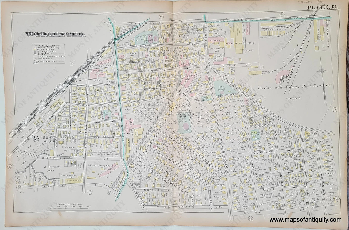 Genuine-Antique-Map-City-of-Worcester-Plate-13--1886-Hopkins-Maps-Of-Antiquity